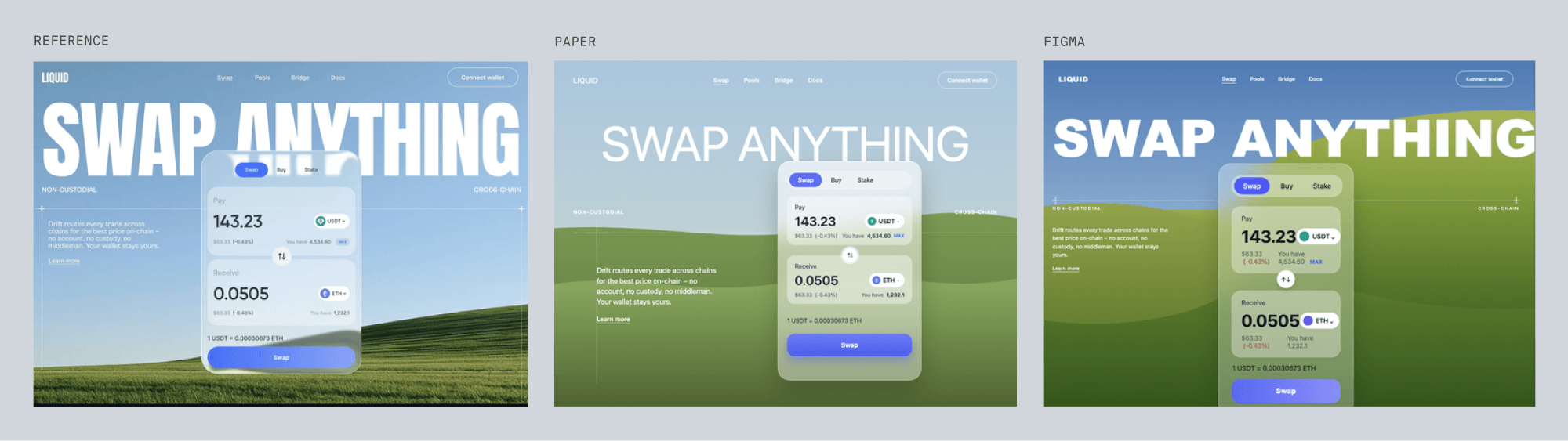 Reference for liquid, glassmorphism swap widget over a grassy field, next to Paper's and Figma's best-of-three recreations