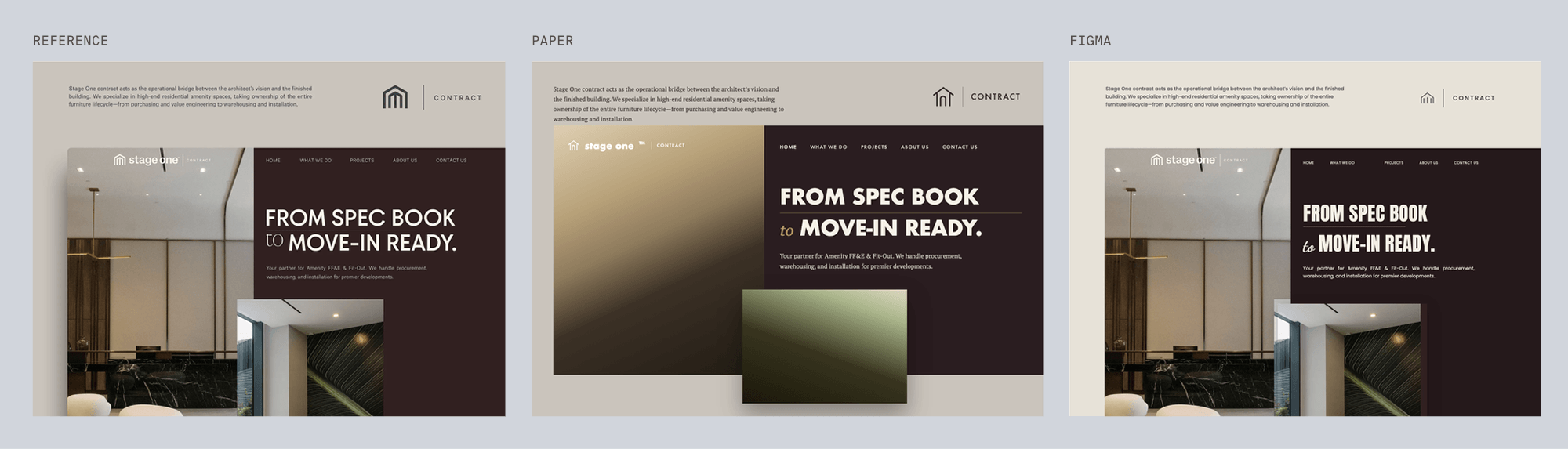 Reference for stageone, editorial split-screen interior page, next to Paper's and Figma's best-of-three recreations