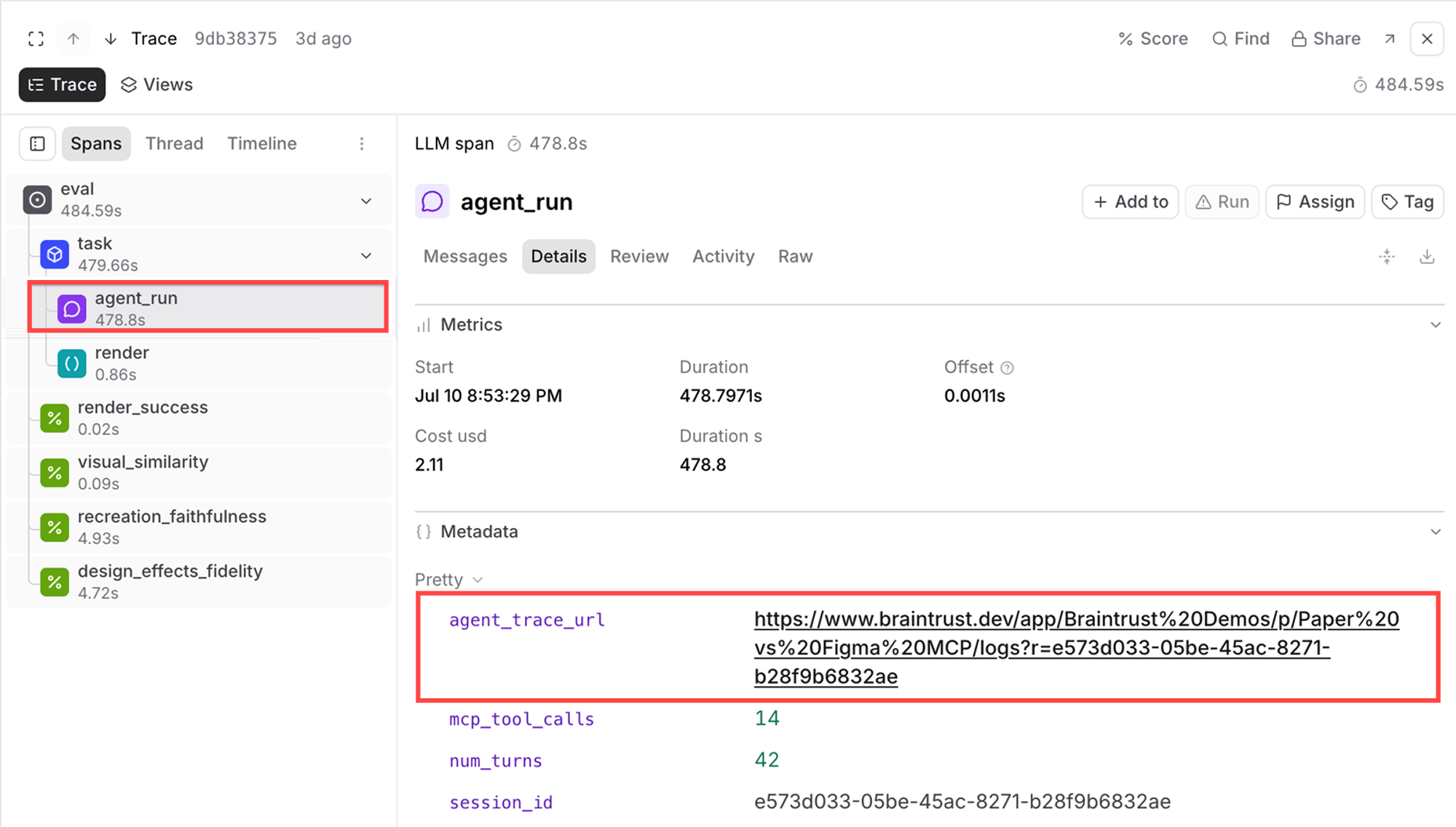 A Braintrust trace view of one eval row. The span tree on the left shows the agent_run span with its scorers (render_success, visual_similarity, recreation_faithfulness, design_effects_fidelity). The details pane on the right shows the span's metadata, with agent_trace_url highlighted, a link into the project's logs, alongside mcp_tool_calls (14), num_turns (42), and session_id.